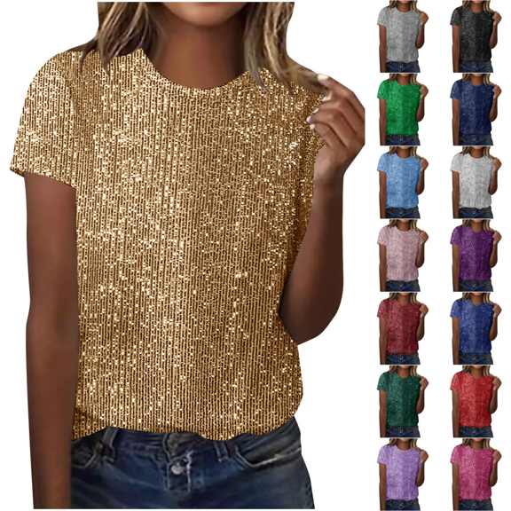 cocolona Womens Sequin Short Sleeve Tops Sparkly Crew Neck T-shirts Summer Casual Loose Tops Base Tees Blouses