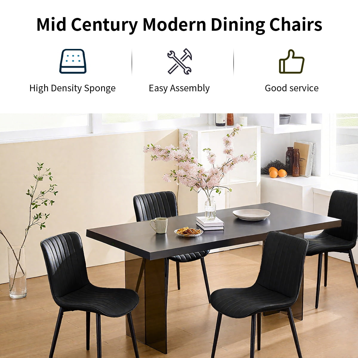 L'AGRATY Modern Dining Chairs Set of 2, High Back PU Leather Upholstered Kitchen Chairs with Cushion - Heavy Duty Metal Legs for Dining Room, Restaurant, Cafe (Black)