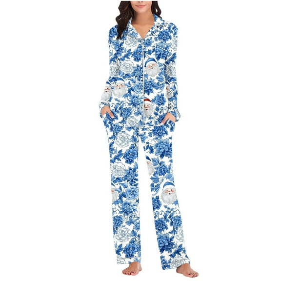 Christmas Pajamas Sets for Women Long Sleeve Holiday Graphic V Neck Button Down Length Pants Two Piece PJS Multicolor S