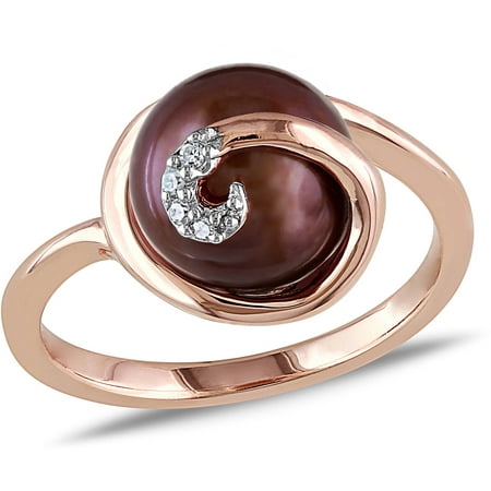9-9.5mm Chocolate Round Cultured Freshwater Pearl and Diamond-Accent Pink Rhodium-Plated Sterling Silver Swirl Ring