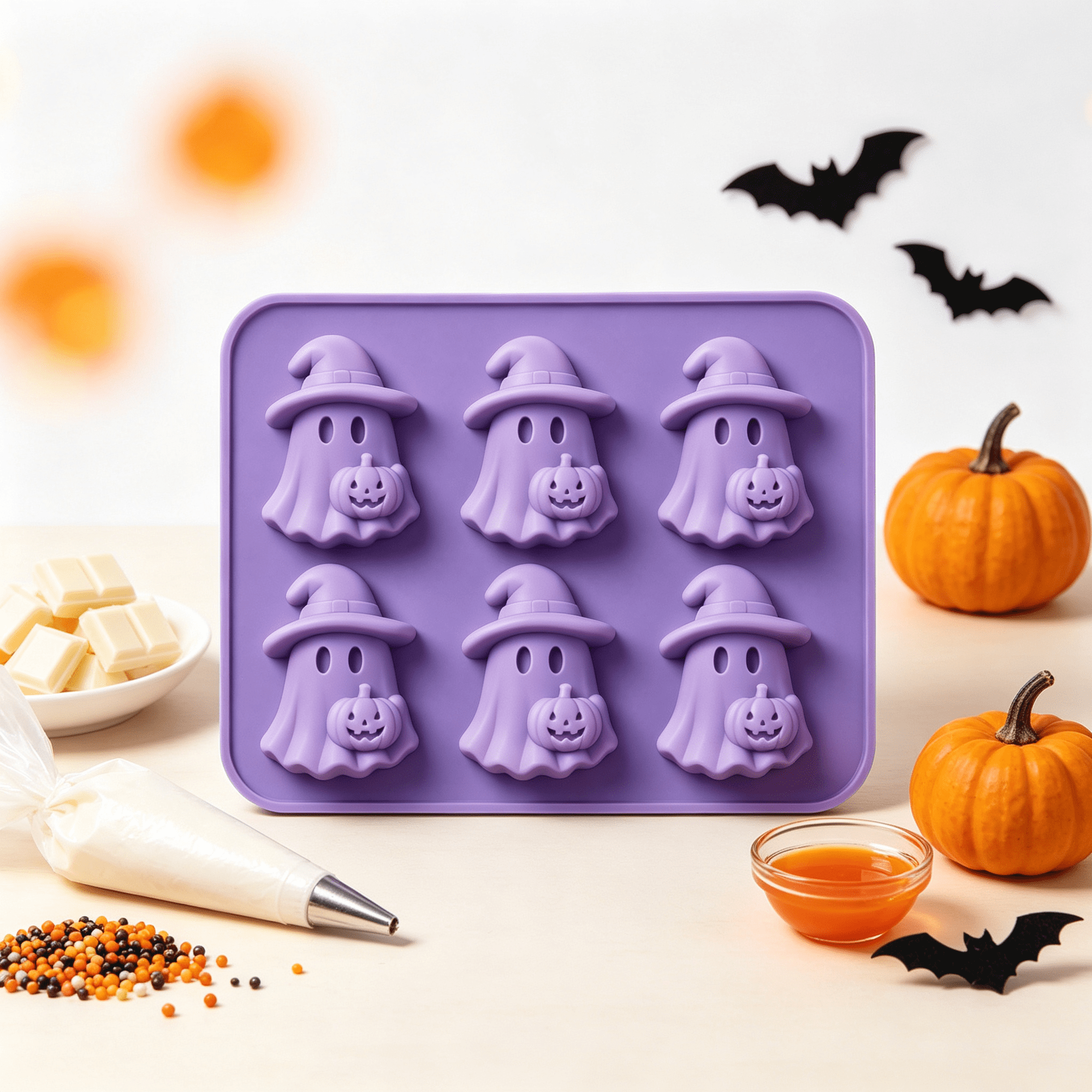 Halloween Silicone Ice Cube Mold 6 Cavity Ghost Witch Hat Pumpkin Shape Ice Tray Food Grade Non Stick Silicone Mold For Cocktail Chocolate Candy Halloween Party Drink Decor
