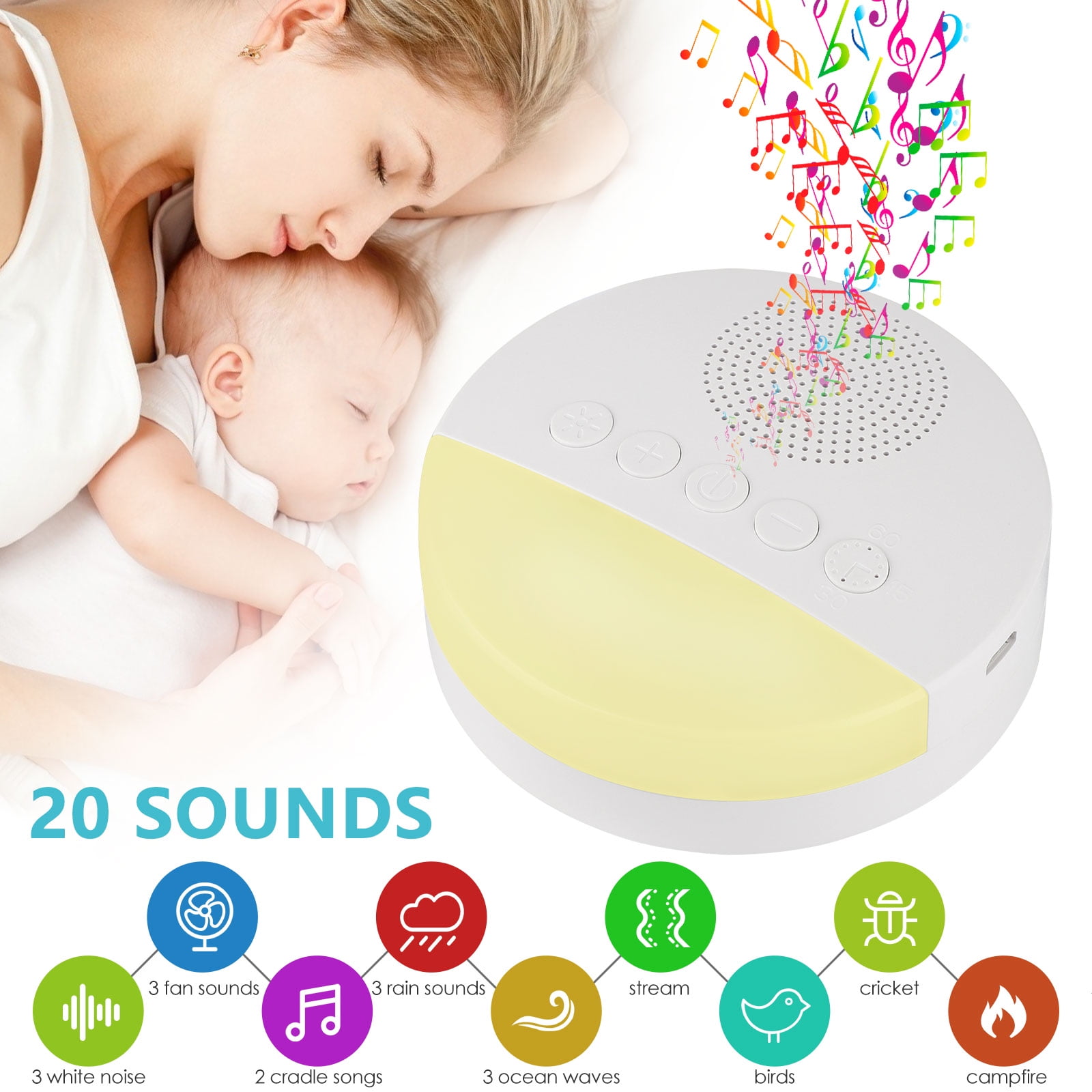 Portable White Noise Machine with Baby Night Light for Sleeping, Timer and Memory Feature, 20 Non-Looping High Fidelity Soothing Sound Machine for Baby Adults Kids