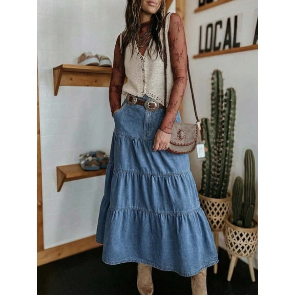 Womens Medium Wash High Waisted Tiered Denim Maxi Skirt Vintage A-Line Swing Jean Skirt With Pockets Casual Boho Style