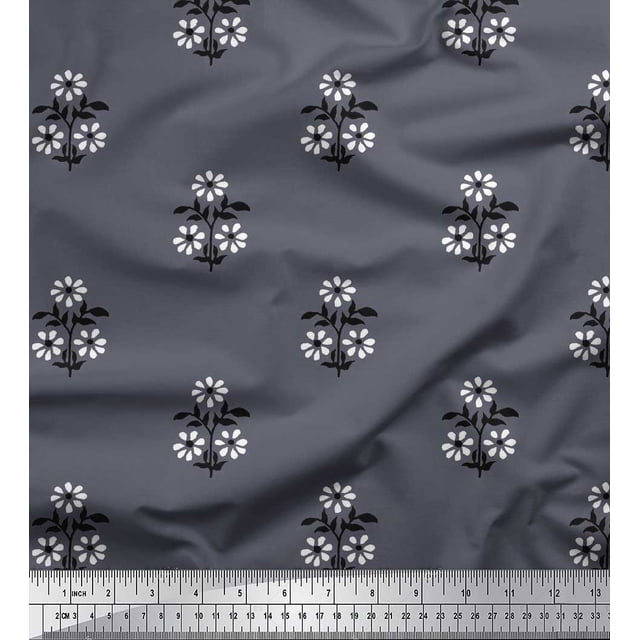 Soimoi Polyester Crepe Fabric Leaves & Floral Block Printed Fabric 1 Yard 42 Inch Wide