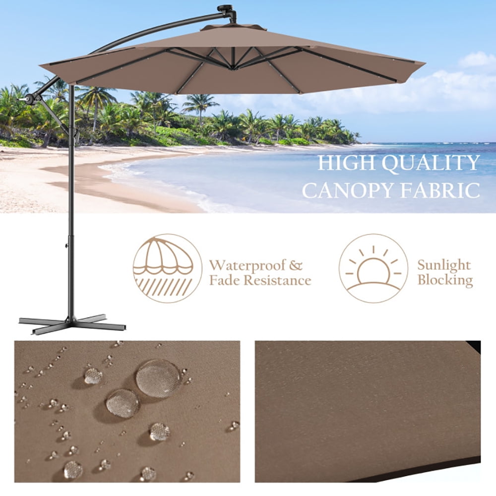 Aimee Lii 10 Feet Patio Hanging Solar LED Umbrella Sun Shade with Cross Base, Table Umbrella Outdoor Patio, Tan