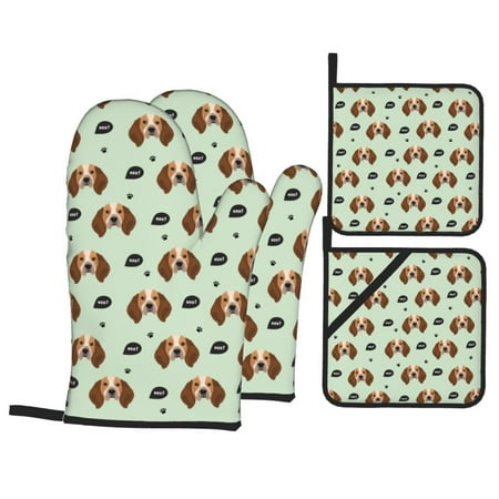

Oven Mitts and Pot Holders 4 pcs Set Beagle Dog woof Heat Resistant Silicone Oven Mitts Pot Holders for Kitchen Baking Cooking Non-Slip Oven Gloves Hot Pads Potholders