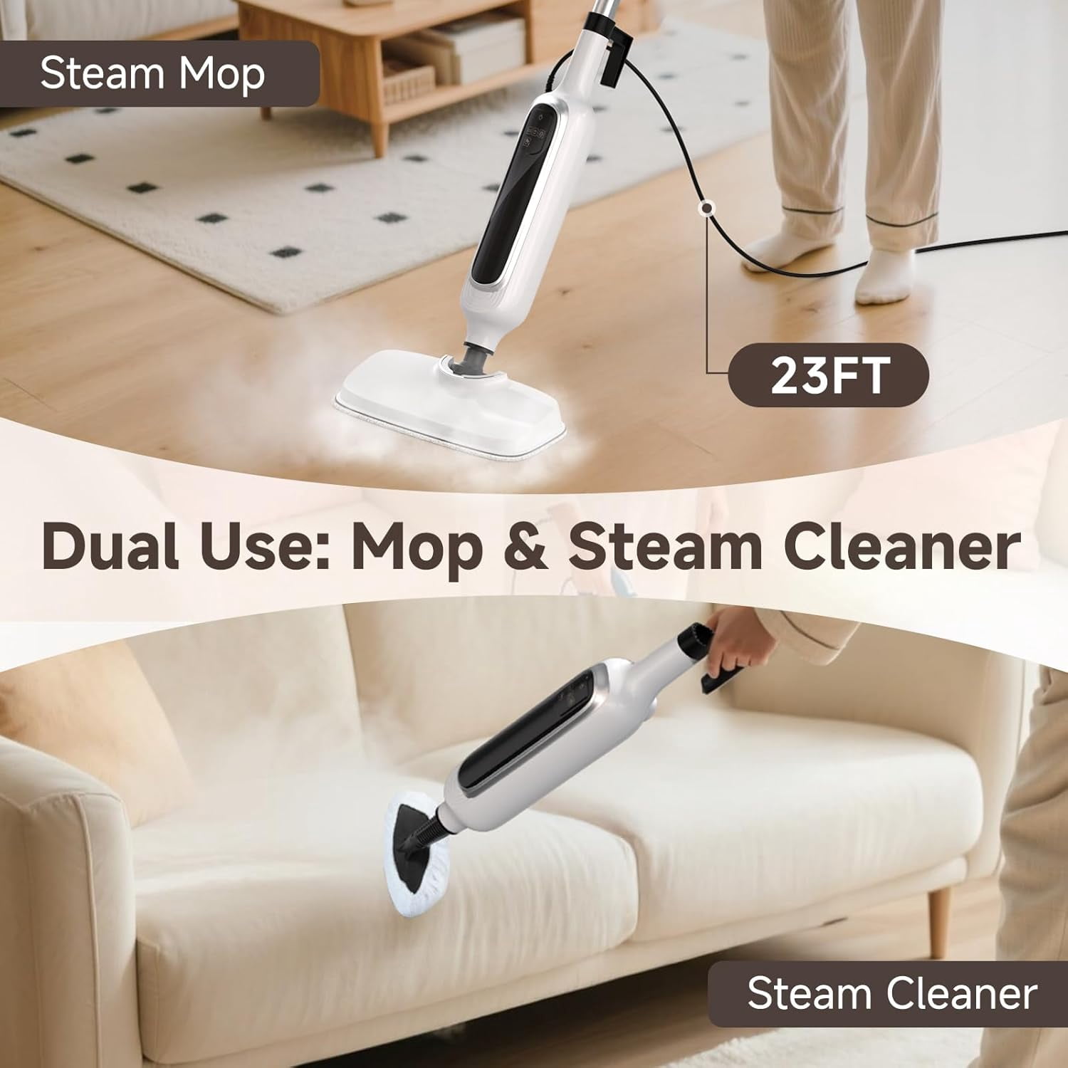 12-in-1 Steam Mop and Detachable Handheld Cleaner, 23-Foot Cord, 3 Steam Settings with LED Display, for Floors, Bathrooms, Windows, Upholstery, Fabrics, Tile Grout, and Carpets