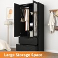 thumbnail image 6 of 72" Black Wardrobe Closet with Mirror Door & LED Light, 2-Door Freestanding Bedroom Armoire Cabinet with Hanging Rod, Drawers & Adjustable Shelves, Modern Storage Wardrobe for Apartment or Bedroom, 6 of 8
