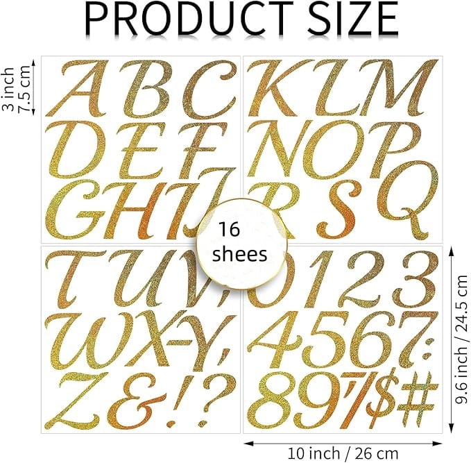 Large Letter Stickers 3 Inch Gold, 16 Sheets Glitter Self Adhesive Waterproof Stickers for Wedding Bulletin Board Home Office Decor