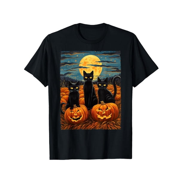 Black Cat Halloween Cat Lovers Starry Night Cat Van Gogh Cat T-Shirt
