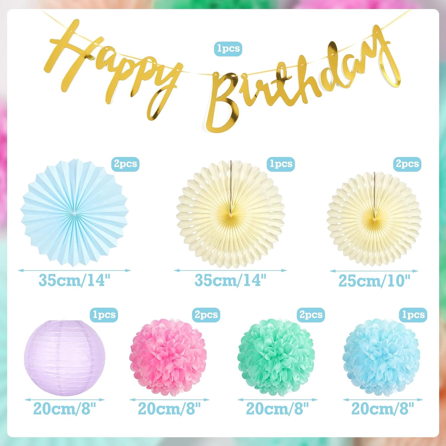 Pastel Birthday Party Decorations for Girls Women with Happy Birthday Banner Pastel Paper Fans Tissue Pom Poms Lantern Decorations Birthday Decorations Kit