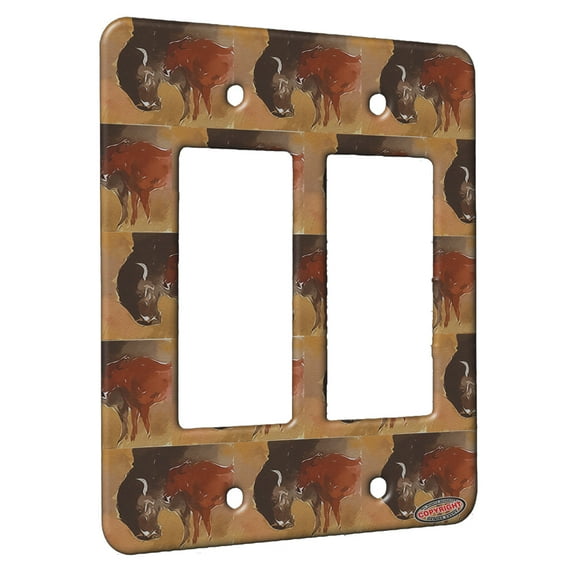 KuzmarK™ 2 Gang Rocker Wall Plate - American Bison Buffalo Cow and Calf Wildlife Modern Art by Denise Every