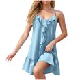 thumbnail image 2 of LYEAA Womens Beach Dresses Sleeveless Casual Plus Size Elegant Loose Short Mini Slip Dress V Neck Solid Ruffle Fashion Summer Cool Vacation Comfortable Dresses Blue M, 2 of 9