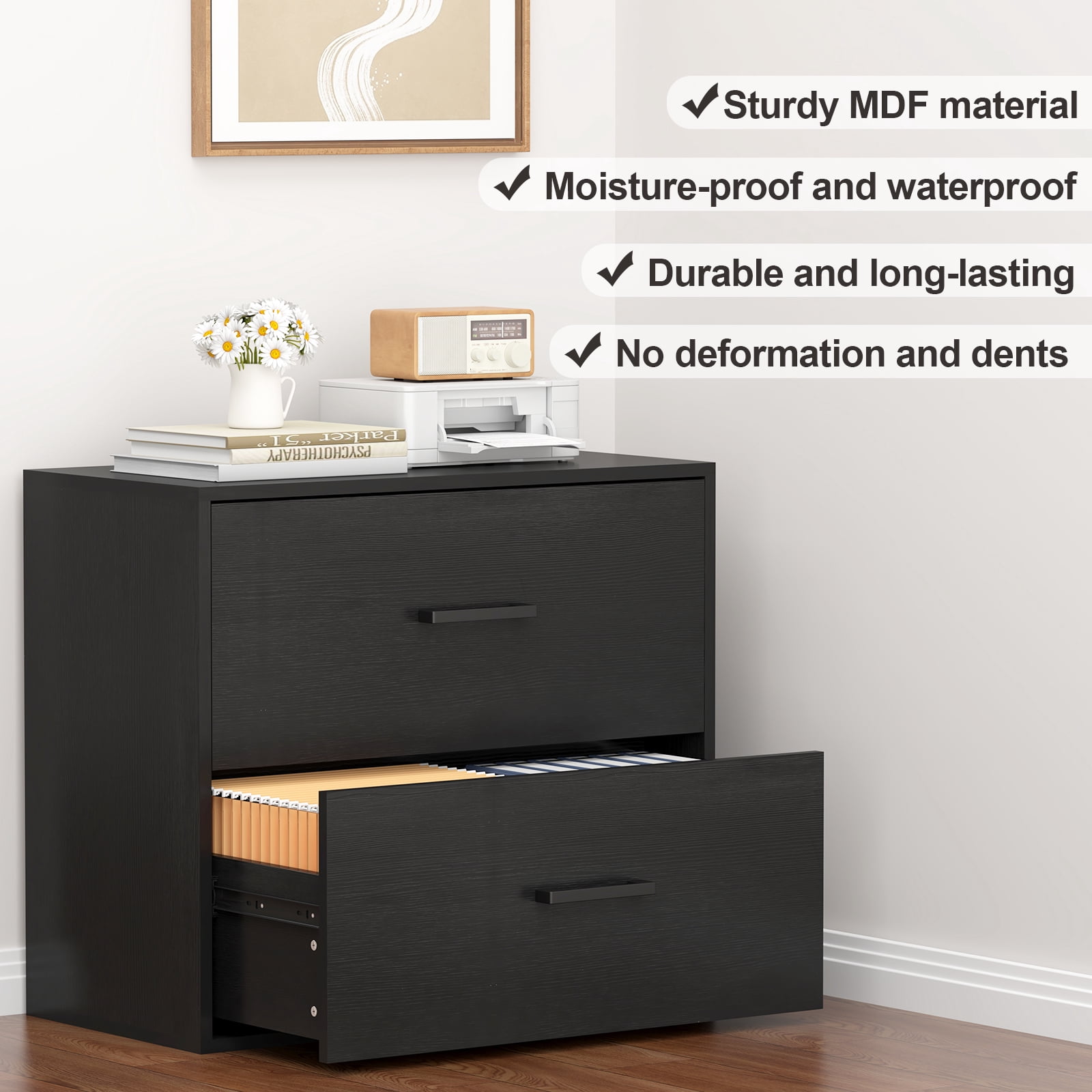 Marcree Lateral File Cabinet, Wood Black File Cabinet with Hanging Bars for Letters, Horizontal File Cabinets for Home Office, Black