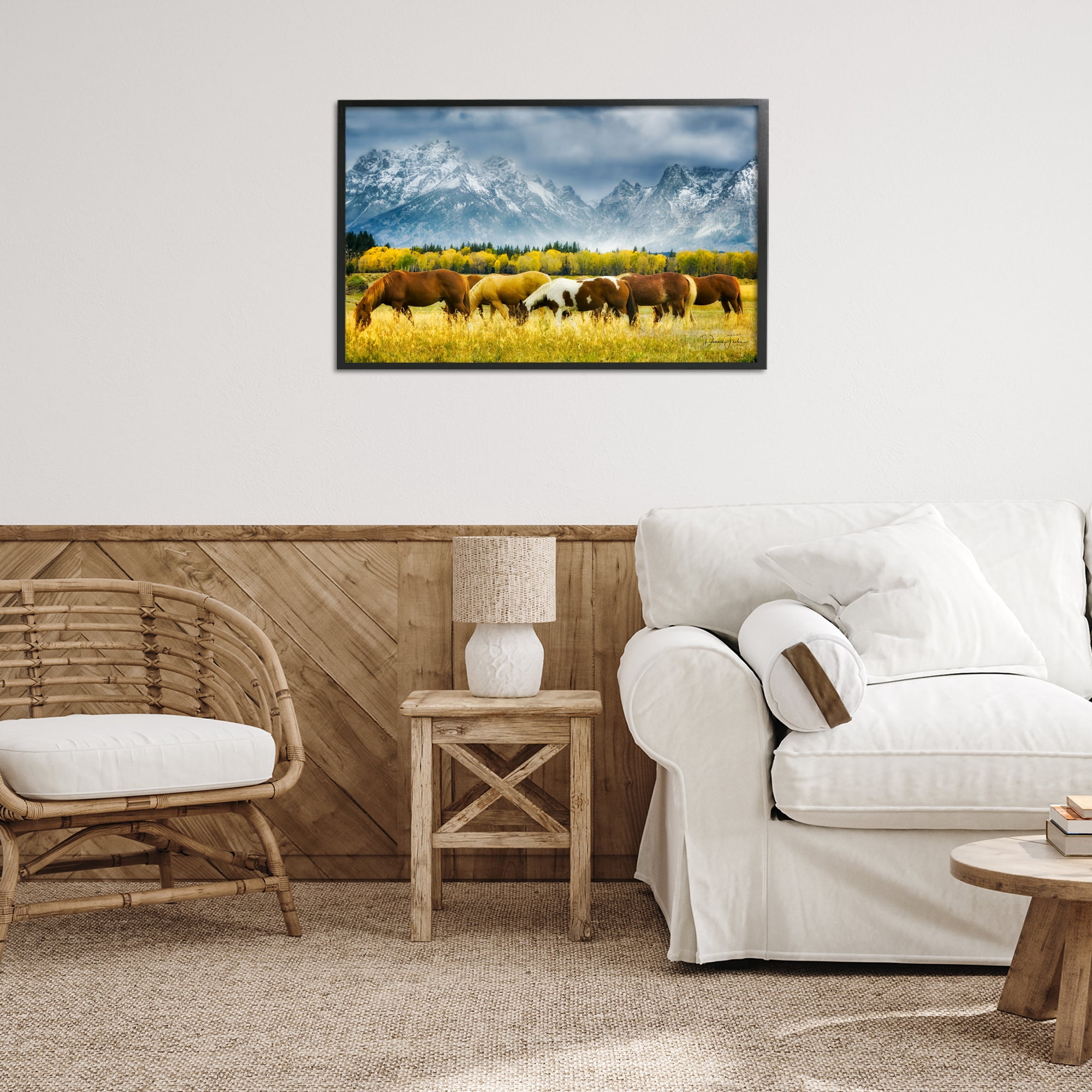 Stupell Industries Horses in Wilderness Landscape Painting Black Framed Art Print Wall Art, 30 x 20