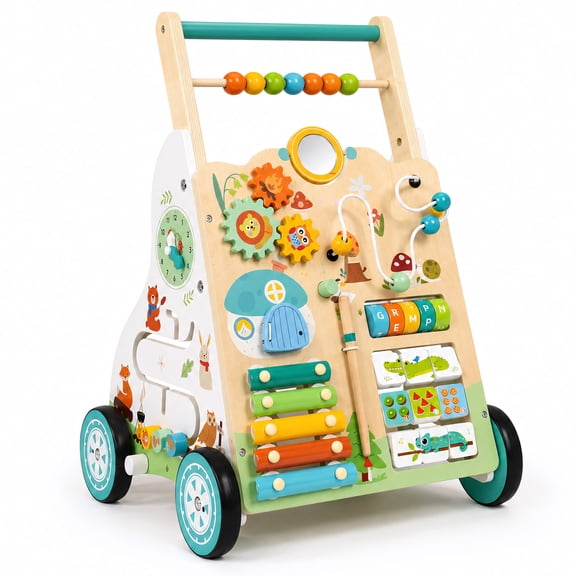 Plustopoy Wooden Baby Walker with Wheels, Montessori-Inspired Push Walker Activity Center for 12 Months Toddlers