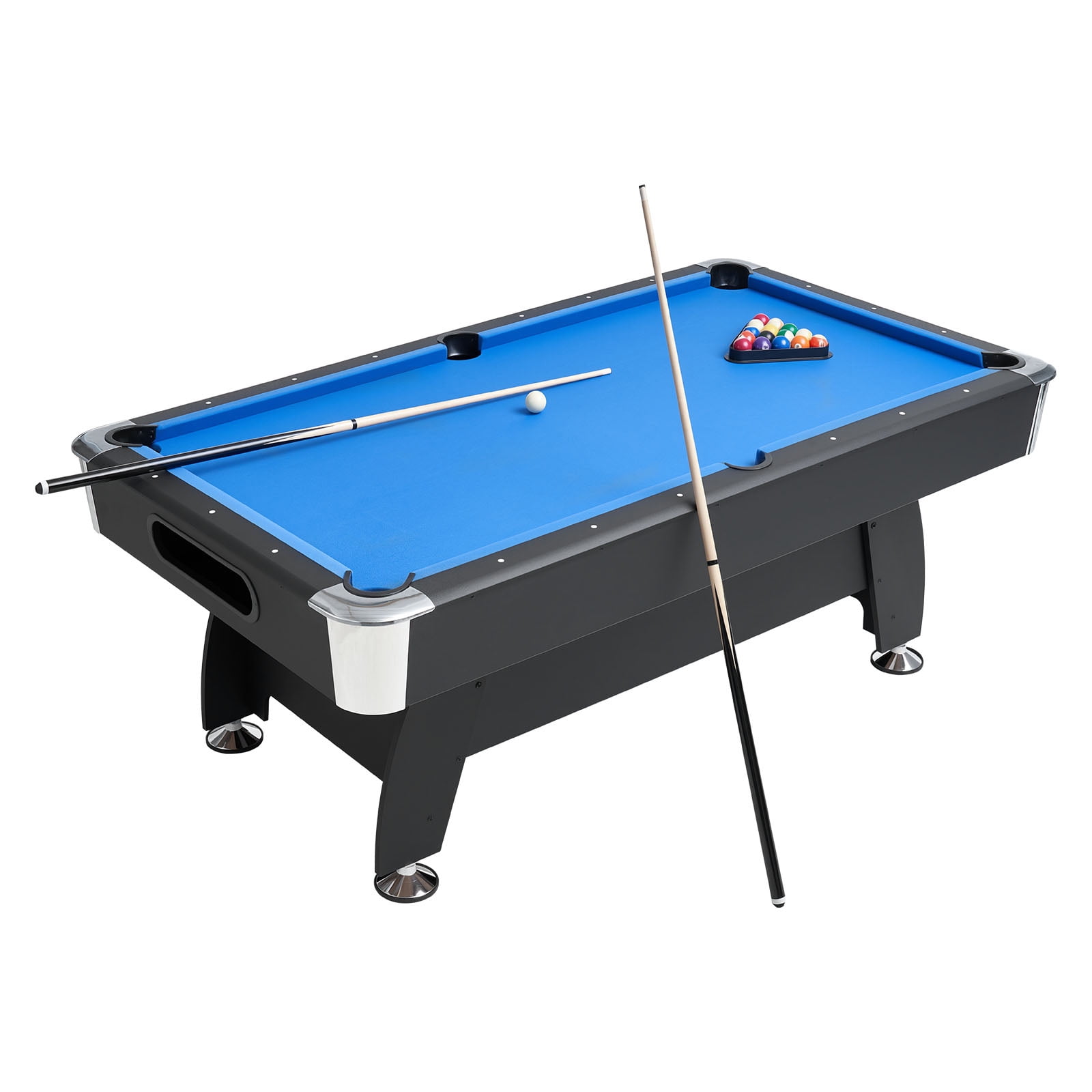 KFFKFF 7 ft Portable Pool Table, Adjustable Feet for Stability, Complete Billiards Set with Balls, Cues, Rack, Chalk, and Brush, Black Frame with Blue Felt, Ideal for Home and Recreation Spaces