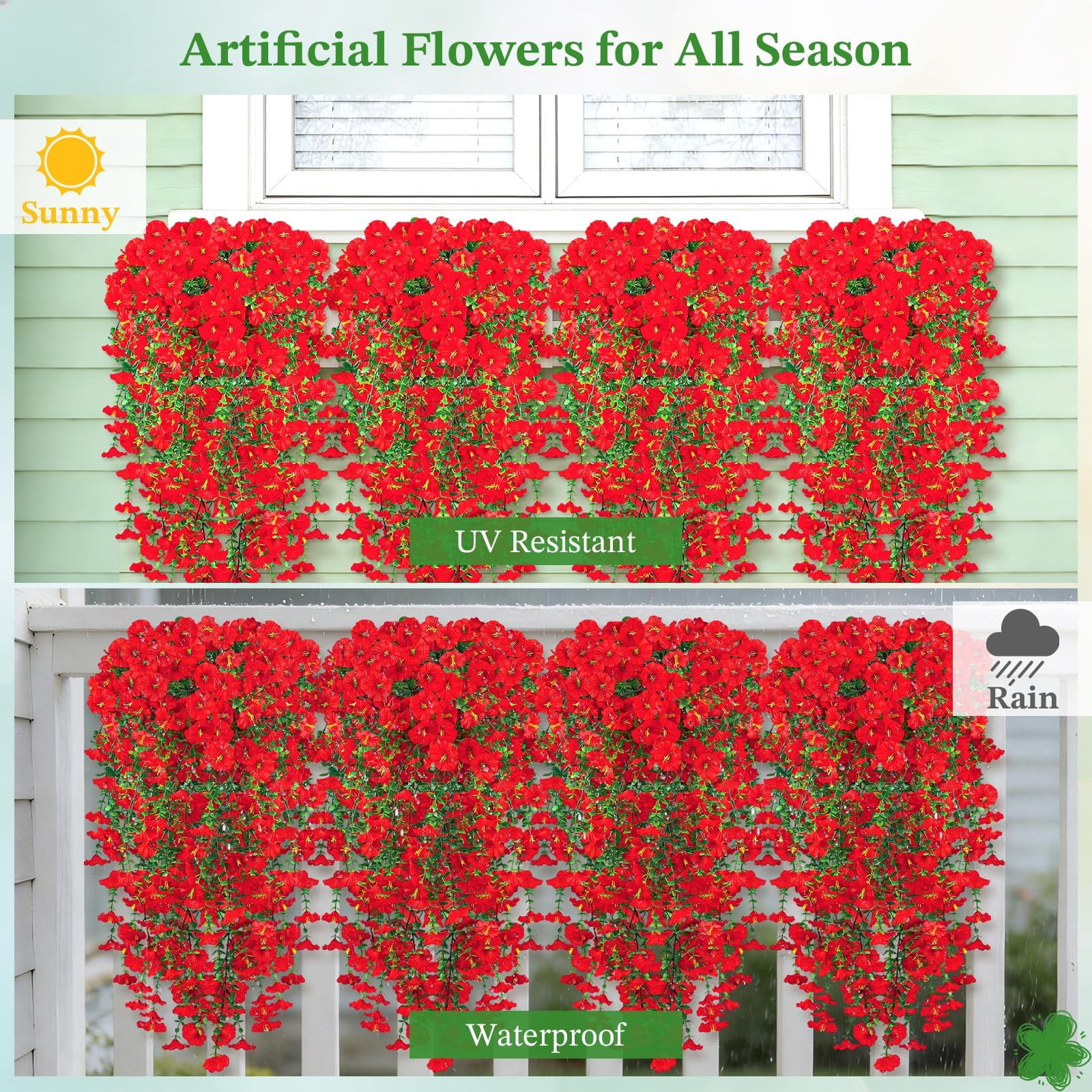 Artificial Hanging Flowers for Outdoors, 6 PCS Silk Morning Glory Artificial Flowers with Eucalyptus Leaves, UV Resistant Fake Flower Realistic Faux Plants for Home Patio Porch Garden0