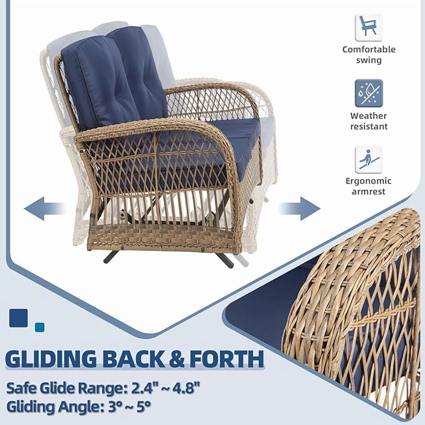 SOCIALCOMFY 5-Piece Wicker Patio Furniture Sets Outdoor All-Weather Rattan Conversation Set Includes Glider Loveseat, 2 Glass-Top Coffee Tables, 2 Swivel Rocking Chairs for Porch Backyard, Navy Blue