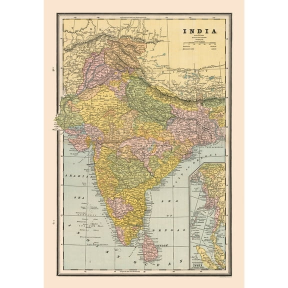 Historic Map - India - Cram 1888 - Vintage Wall Art