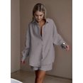 thumbnail image 4 of Women'S Cotton Cardigan Long Sleeve Top and Shorts Set Minimalist Solid Color Loungewear Outfit Gray-Brown L, 4 of 8