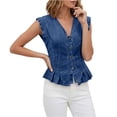 thumbnail image 2 of LEAVINGSUO Denim Tank Tops for Women Ruffle Casual V-Neck Button Front Slim Pleated Sleeveless Dark Blue M, 2 of 7