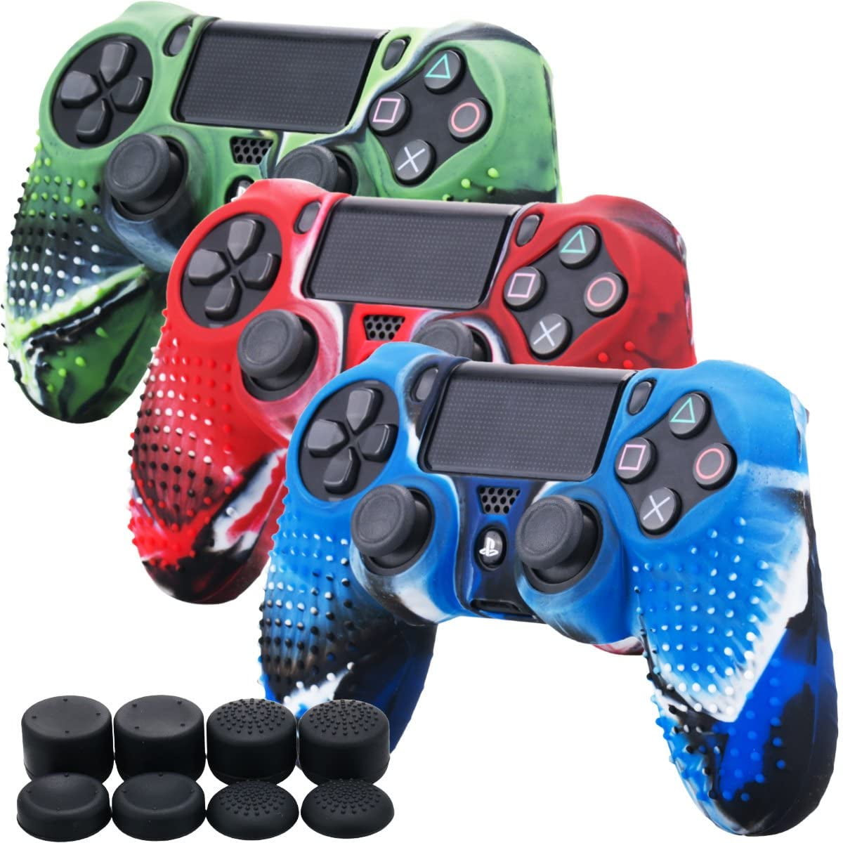 Silicone Rubber Cover Skin Case X 3 Anti-slip STUDDED Dots Customize for PS4/SLIM/PRO Controller x 1(Camouflage Red & Blue & Green) + FPS PRO Stick Cover Thumb Grips x 8