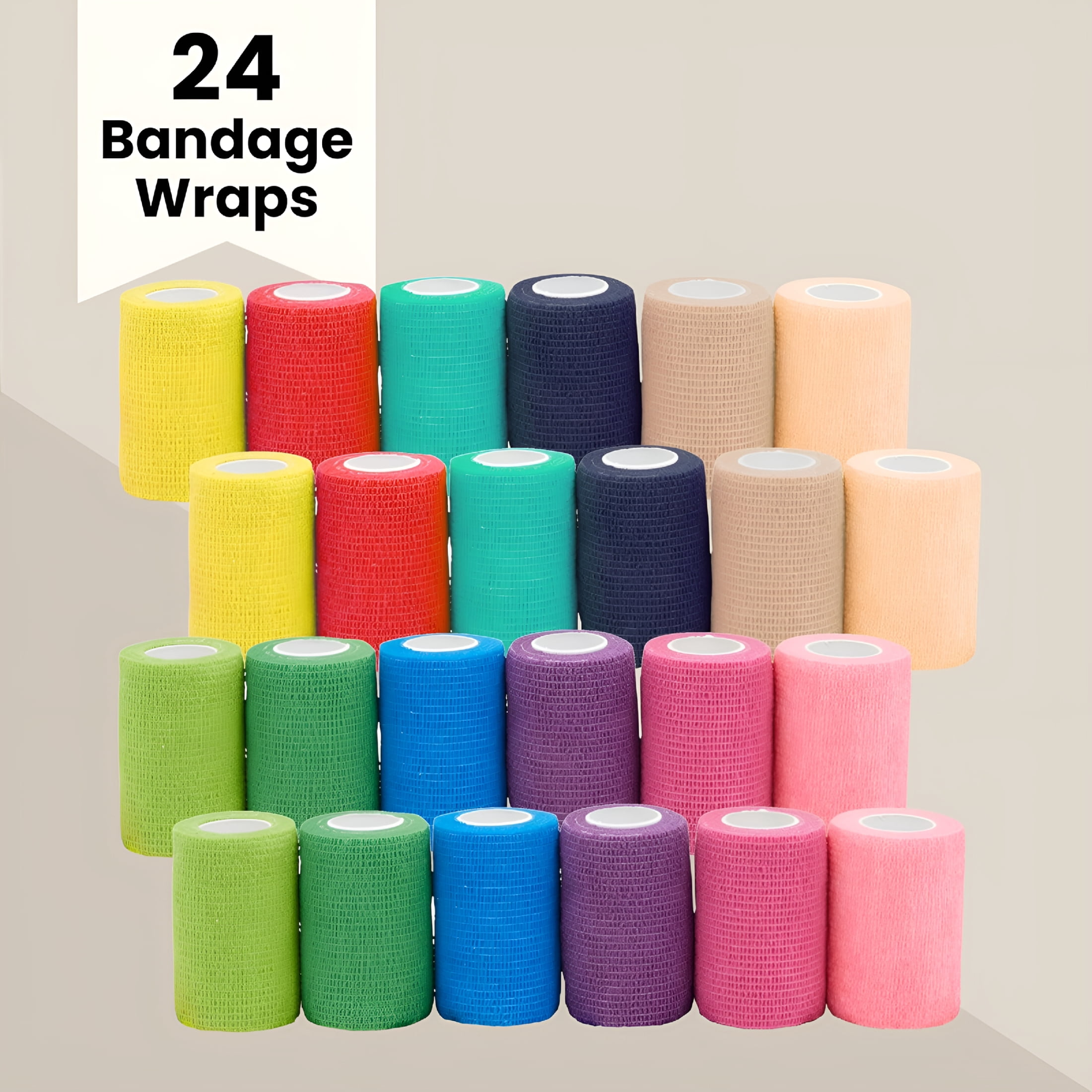 OITY Cohesive Self-Adherent Bandage Wrap - Elastic Support for Sprains & Sports Tape - Vet Wrap for Horses & Dogs - Hand-Tearable Design & Grip Tape - 24 Rolls, 3 in X 5 Yd
