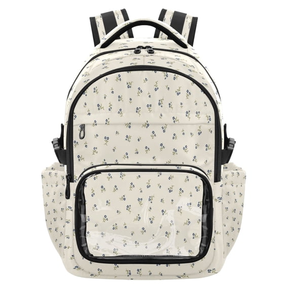 Qxltty Vintage Navy Ditsy Backpack School Bookbag with Clear PVC Front Pocket, Laptop Compartment, Water Resistant Travel Daypack for Students