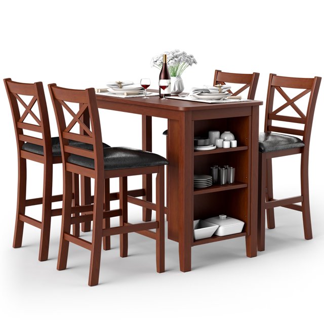 Costway Ensemble de Table à Manger de Pub 5 Pcs avec Étagères de Rangement et 4 Chaises Rembourrées Noyer