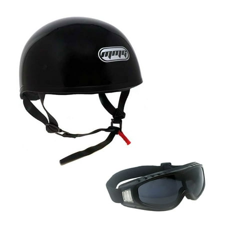 Motorcycle Half Helmet Cruiser DOT - LARGE Shiny Black with Smoked Goggles