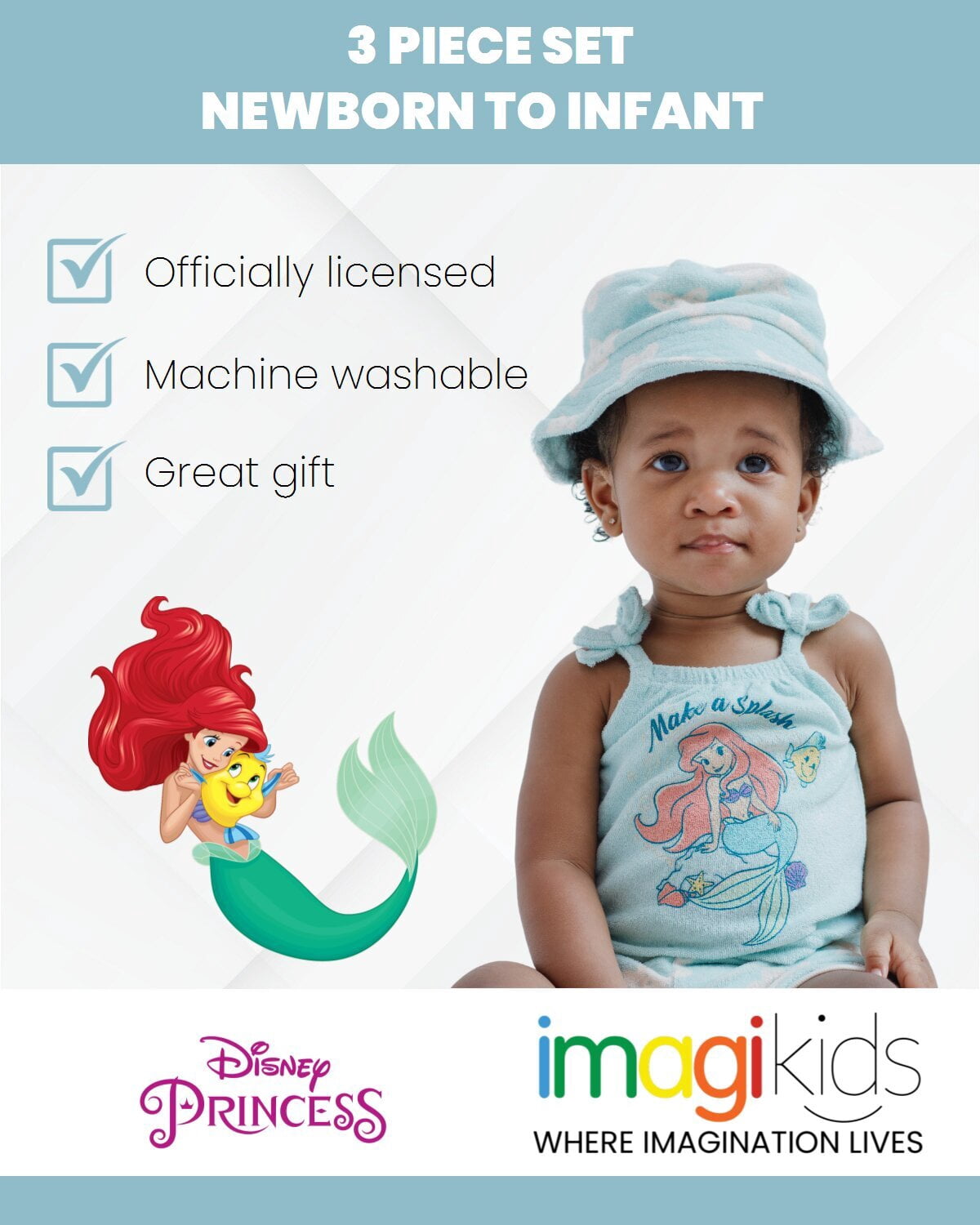 Disney The Little Mermaid Baby Girls' 3-Piece Tank Top and Shorts Set Ariel Flounder Blue