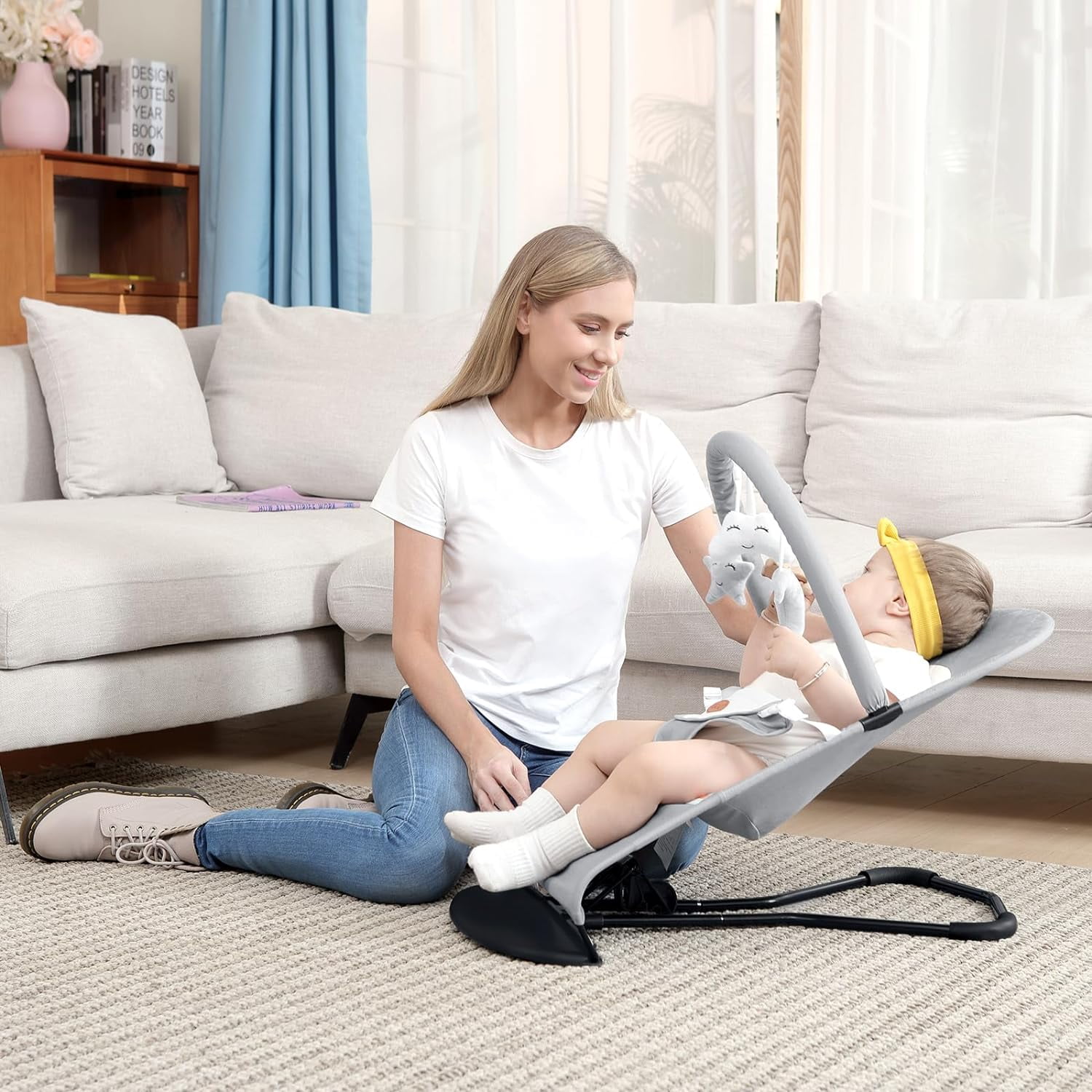 Baby Bouncer,2-in-1 Convenient,Lightweight Adjustable Rocker or Fixed,Cotton,for 0-18 Months-Light Gray