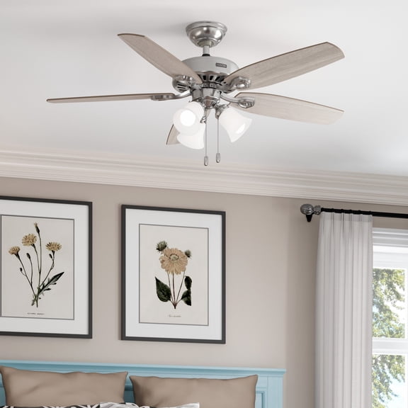 Hunter 52 inch Indoor Ceiling Fan with LED Lights - Ceiling Fan with Pull Chain, For Bedroom or Living Room, Standard Mount, No Remote, 5 Blades, Includes Bulbs - Builder 52729, Brushed Nickel
