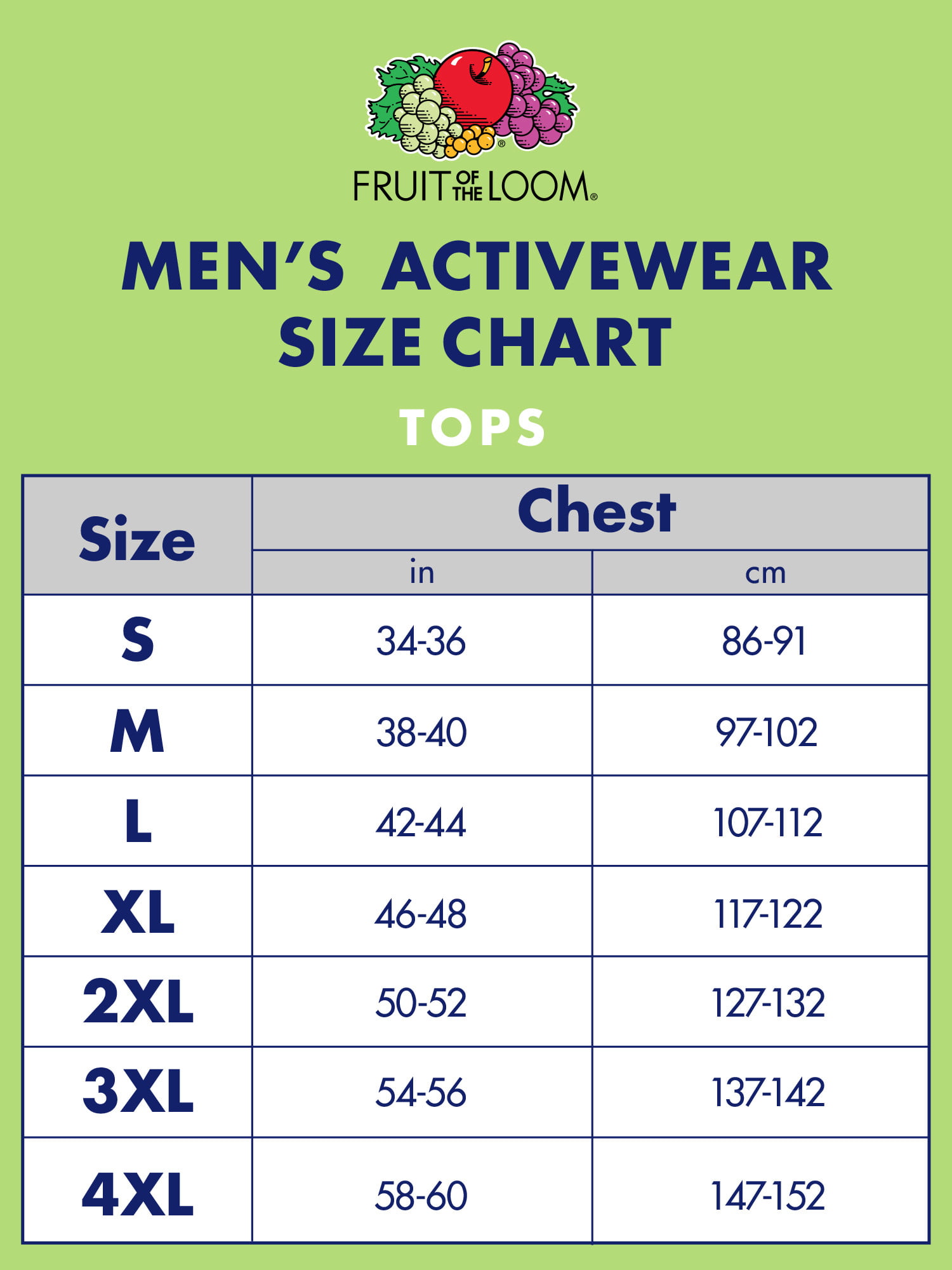 Fruit Of The Loom Men S Size Chart