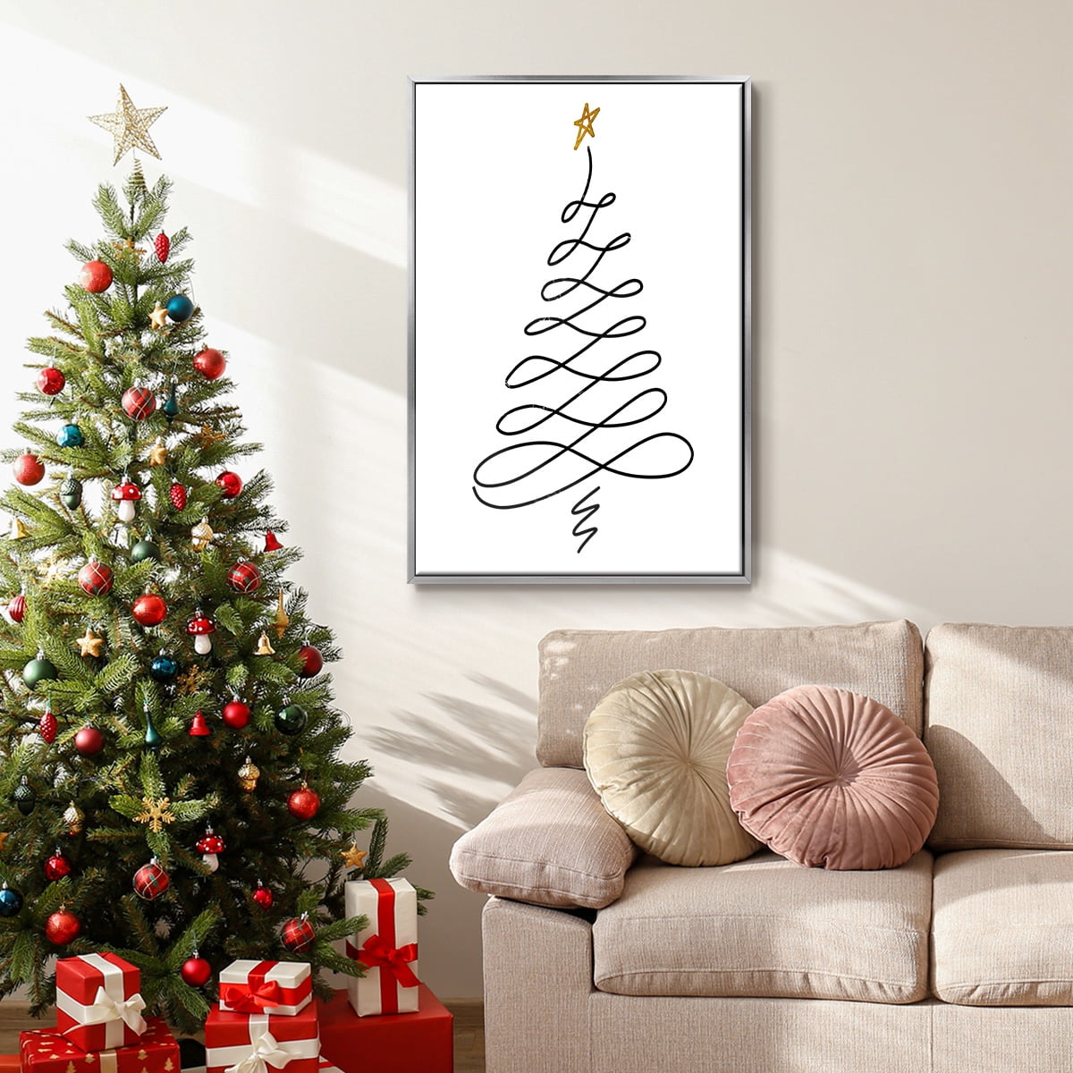 Christmas Tree III - Framed Gallery Wrapped Holiday Canvas - 17 x 25 - Silver Frame