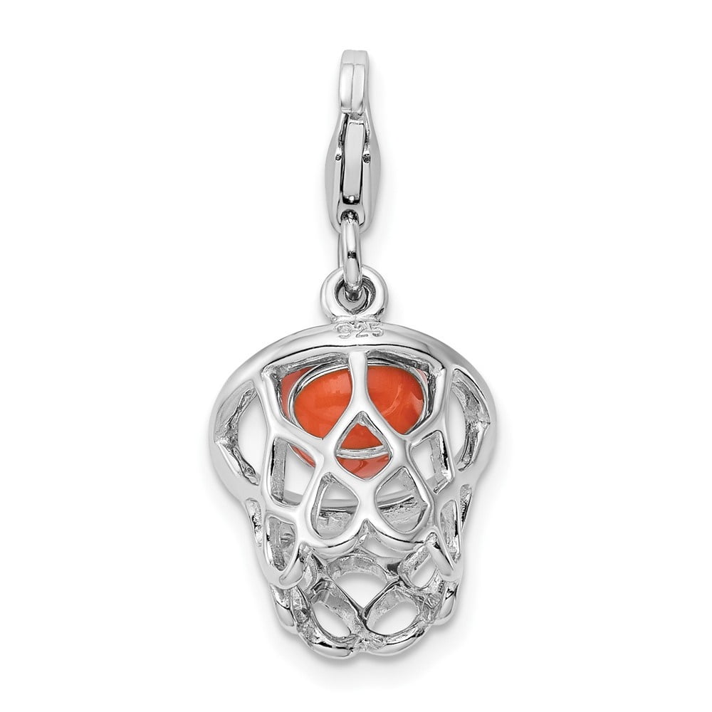 Auriga 925 Sterling Silver 3-D Moveable Enameled Basketball in Net Charm w/Lobster Clasp