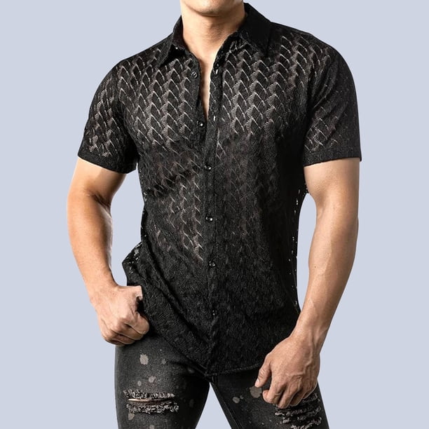 Camisa Elvqul para Hombre Negro Casuales Manga Corta Estampado con Solapa Botones