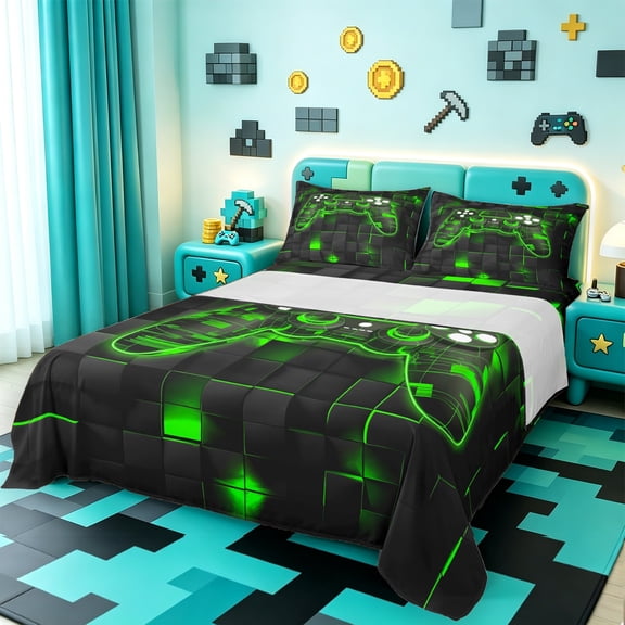 Manfei Gamer Gaming Twin Sheet Sets,Modern Video Game Twin Fitted Sheet,Green Geometric Hexagon Flat Sheet For Kid Boy,Lightweight Room Decorative,3-Piece