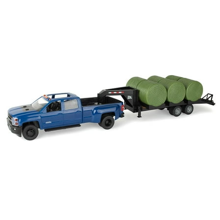 ERTL 1/16 Big Farm Blue Chevrolet Pickup Truck with Trailer & 6 Round Bales 47603