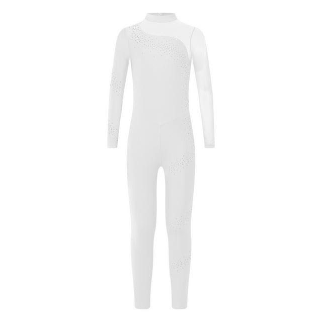 CHICTRY Combinaison de Gymnastique à Sequins pour Filles une Pièce Manches Longues Justaucorps Complet Blanc 14
