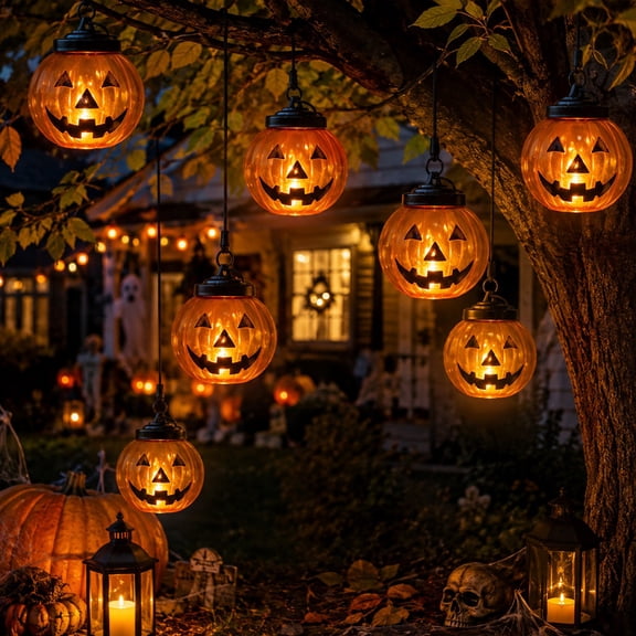 LED Jack-O-Lantern Hanging Light Battery Operated Halloween Pumpkin Lantern for Porch Yard Tree Decor