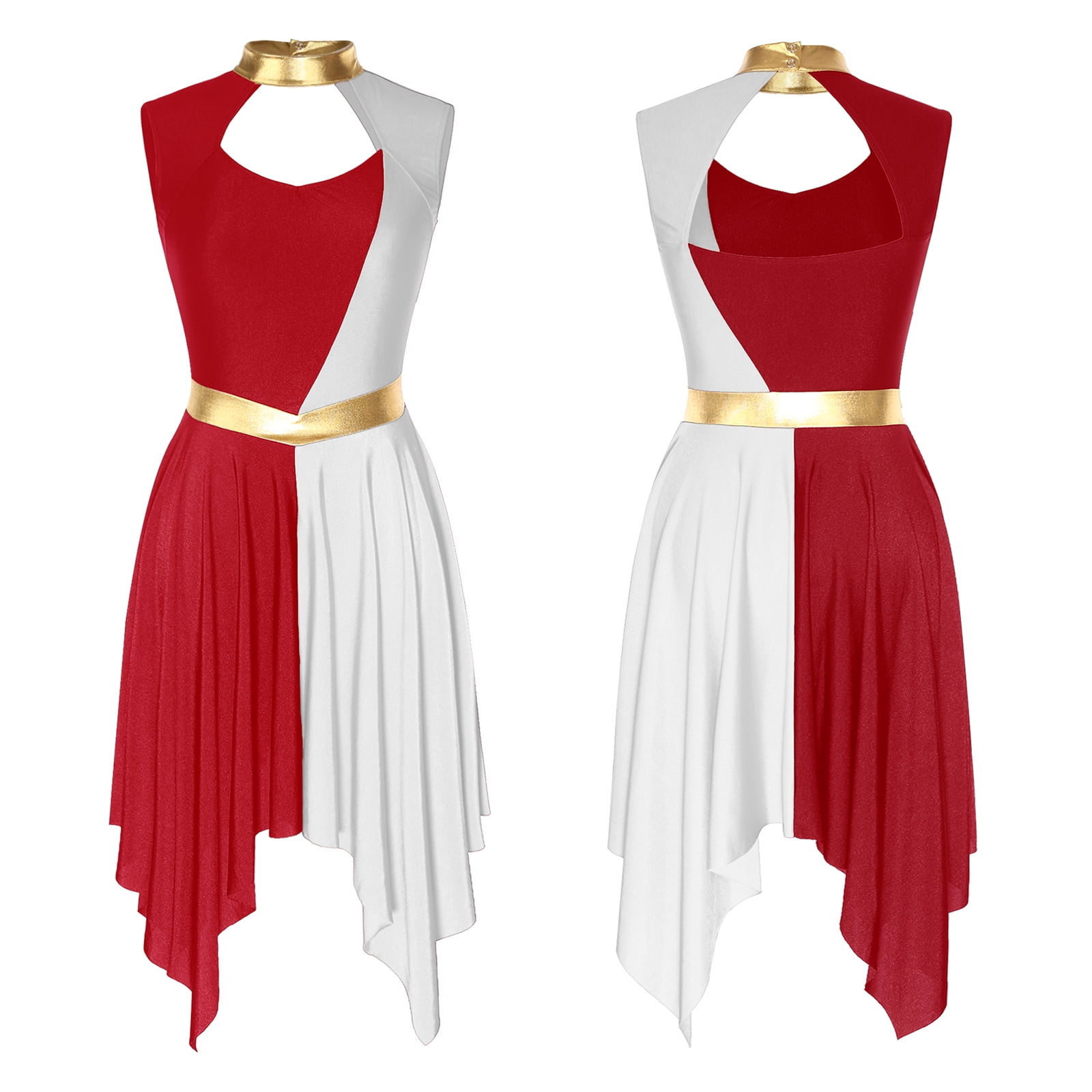 red and white praise dance dress MSemis Women's Color Block Praise Dance Dress Liturgical Worship Tunic Irregular Hem Church Dancewear Burgundy&White XXL