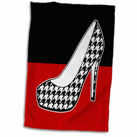 3dRose I Love Shoes - Houndstooth Print High Heel Shoe on Black and Red - Towel, 15 by 22-inch