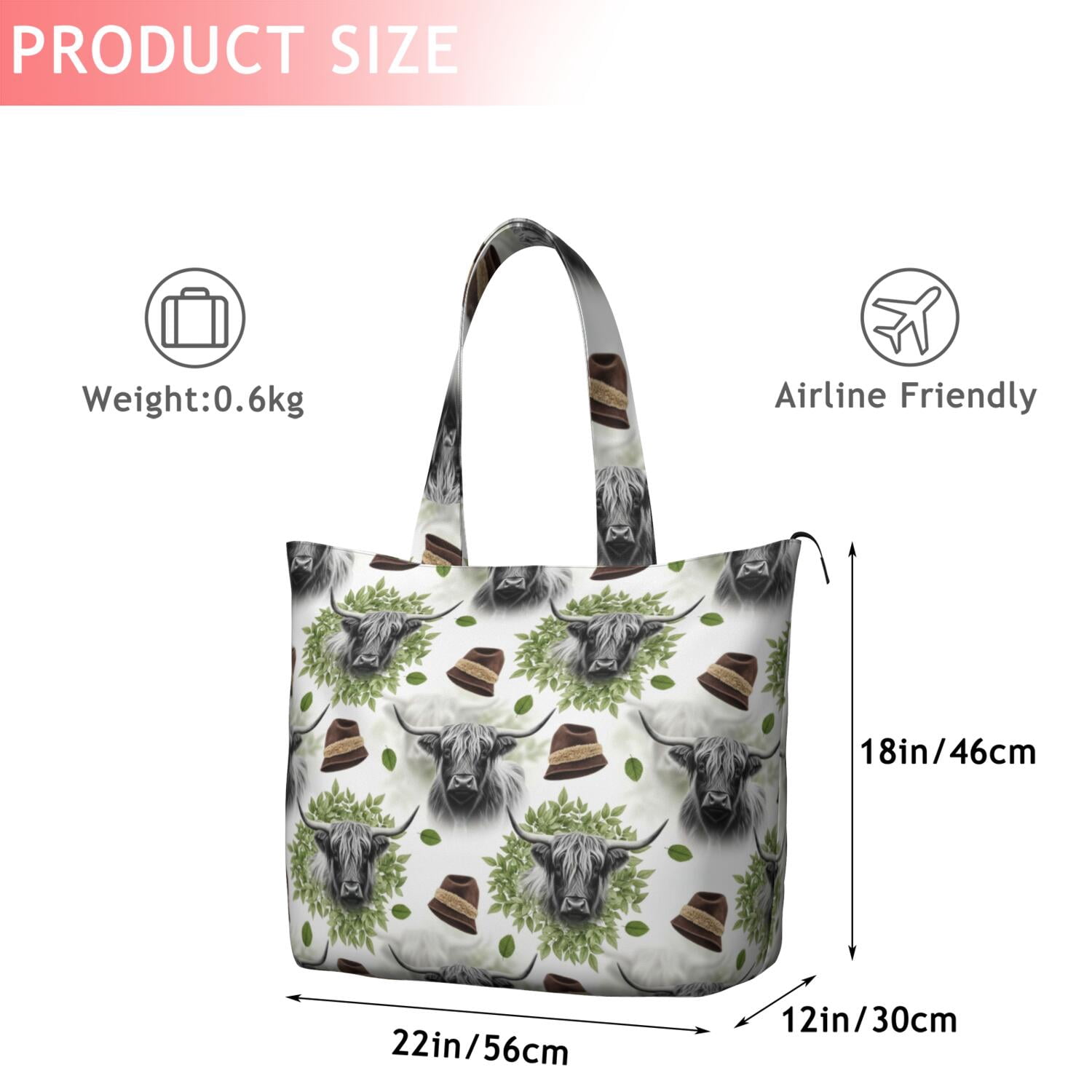 White Highland Cow Hat Leaf Pattern Travel Tote Bags for Women Carry On,Large Weekender Bags for Women Travel,Multi Functional Duffle Bag for Work,Shopping,Sports