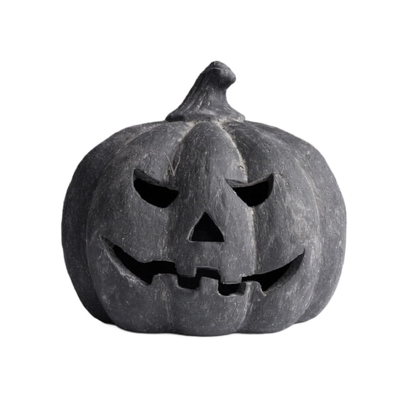 Halloween Decor - Black Pumpkin Ornament, Dark Resin Jack O Lantern Statue, Spooky Carved Pumpkin Decor for Porch Mantel Tabletop Home Party Decoration