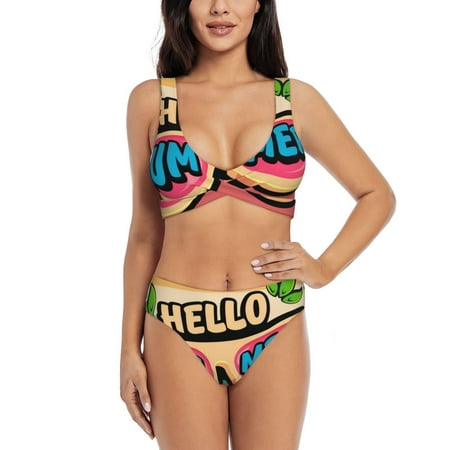 Zeuib Hello Summer High Waisted Tummy Control Bikini Set - Knot Front Push Up Top & Cheeky Thong Bottom  Two-Piece Swimsuit for Women-Large
