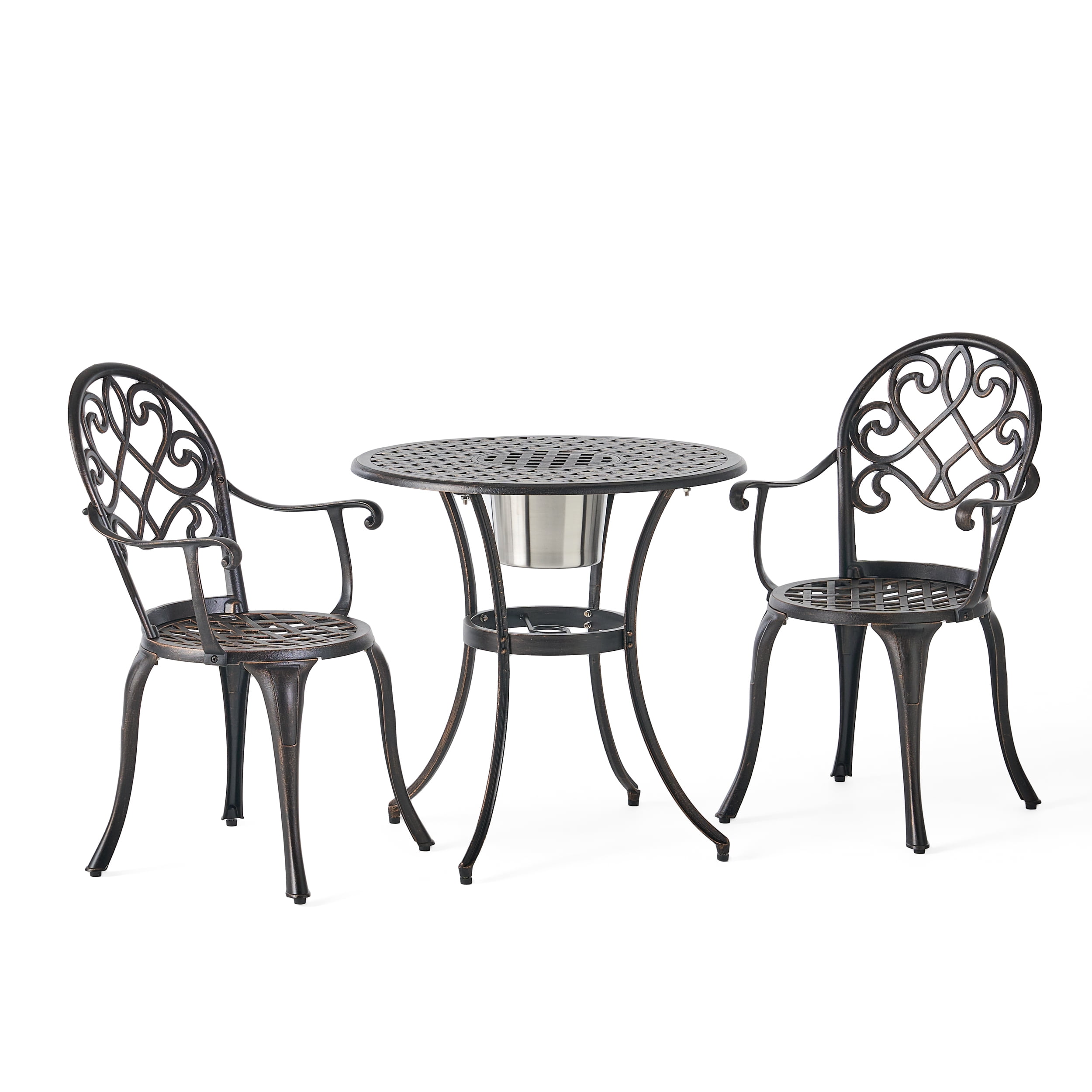 Outdoor 3 Piece Cast Metal Leisure Bistro Set with Ice Bucket, Multi Function Combined Furniture for Patio Garden, Copper
