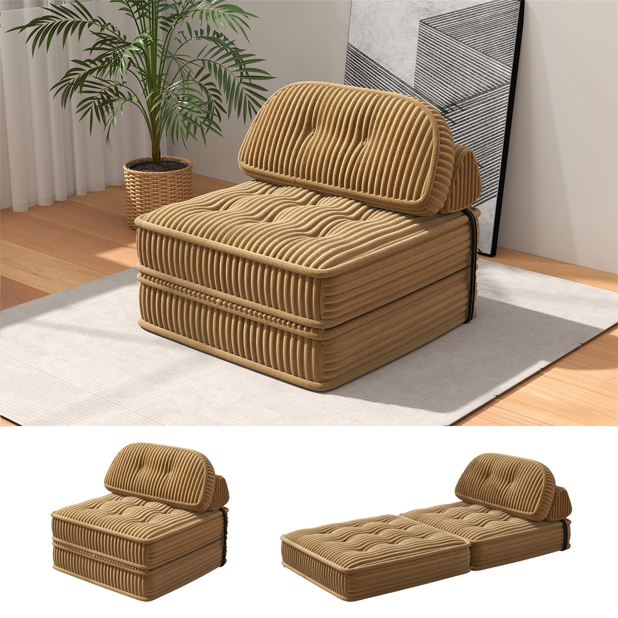 Aukfa Tufted Futon Convertible Folding Sofa Bed with Back Support, Twin Size, Corduroy, Brown