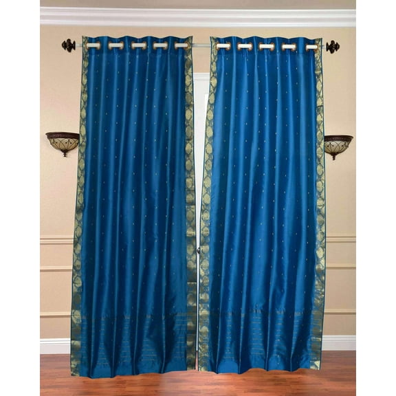 Lined-Turquoise Ring Top Sheer Sari Curtain / Drape - 60W x 96L - Piece